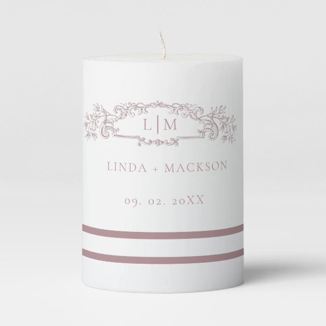 Mauve  Terracotta botanical crest monogram wedding Pillar Candle (Front)