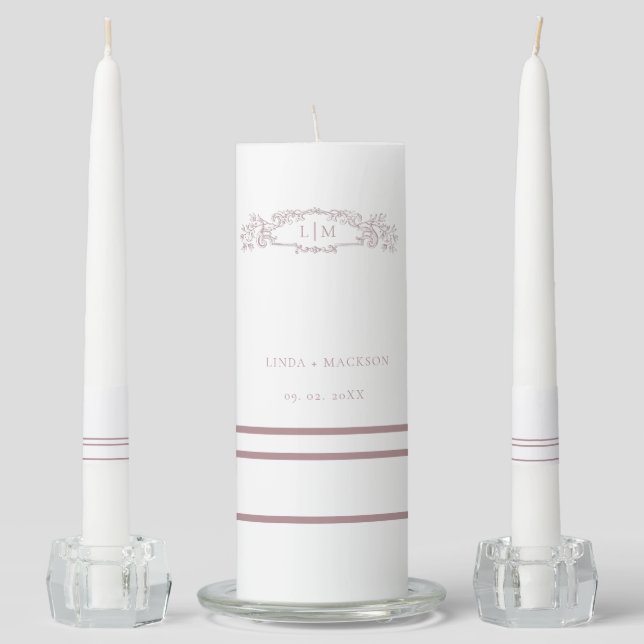 Mauve  Terracotta botanical crest monogram wedding Unity Candle Set (Front)