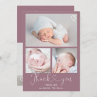 Mauve thank you script heart 4 photos baby birth announcement