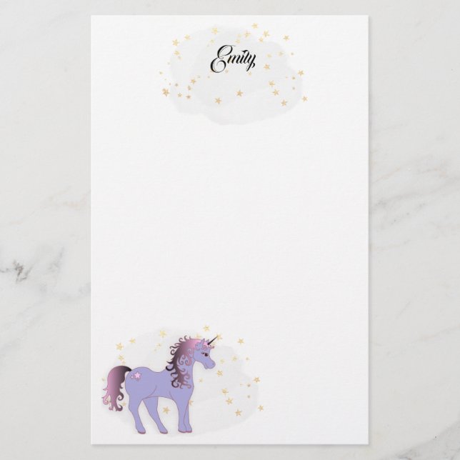Mauve Unicorn and Gold Stars Stationery (Front)