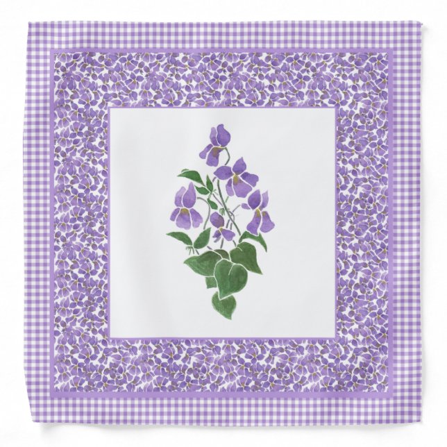 Mauve Violets Floral and Check Gingham Bandana (Front)