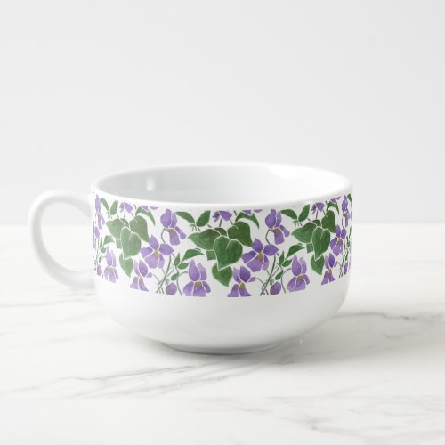 Mauve Violets on White Floral Custom Soup Mug