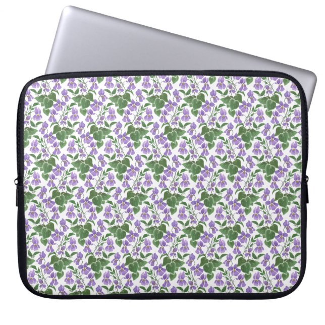 Mauve Violets on White Neoprene Laptop Sleeve (Front)