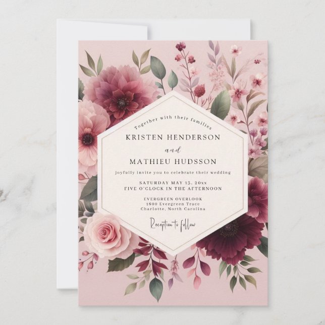 Mauve Watercolor Bloom Wedding Invitation (Front)