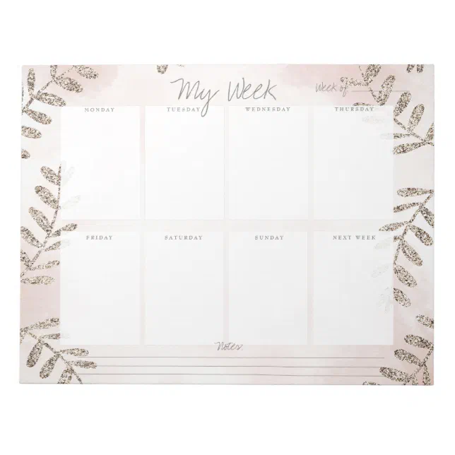 Mauve Watercolor Champagne Glitter Weekly Planner Notepad | Zazzle