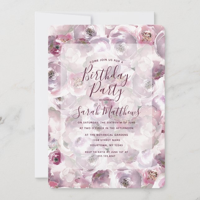 Mauve Watercolor Floral Birthday Party Invitation (Front)
