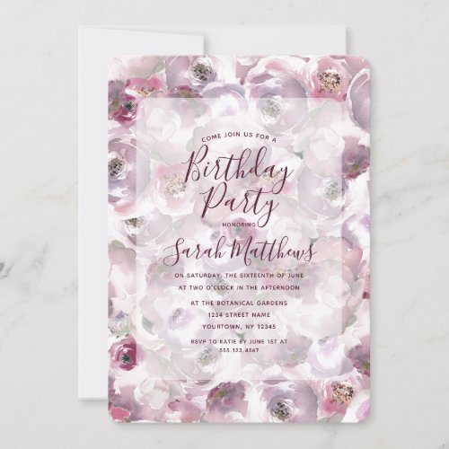 Mauve Watercolor Floral Birthday Party Invitation