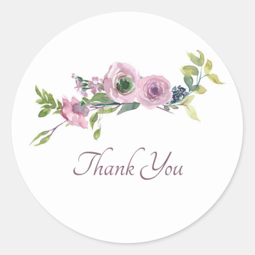 Mauve watercolor floral thank you  classic round s classic round sticker