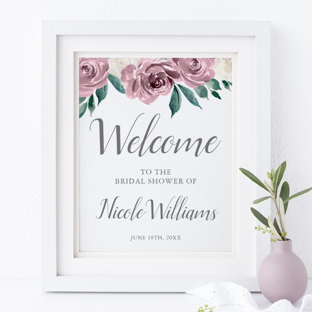 Mauve Watercolor Rose Floral Bridal Shower Welcome Poster (Creator Uploaded)