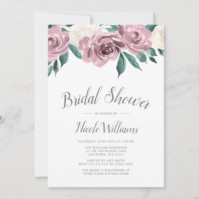 Mauve Watercolor Roses Floral Bridal Shower Invitation (Front)