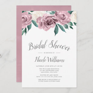 Mauve Watercolor Roses Floral Bridal Shower Invitation