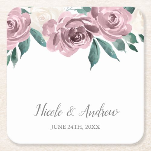 Mauve Watercolor Roses Floral Wedding Custom Square Paper Coaster