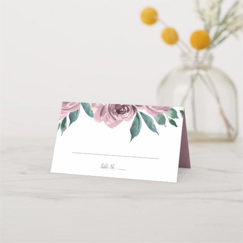 Mauve Watercolor Roses Floral Wedding Folded Place Card