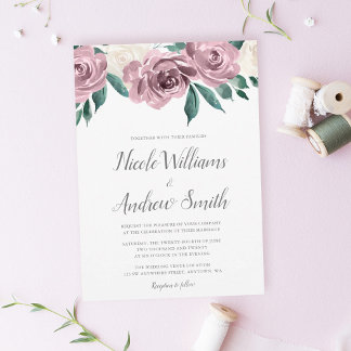 Mauve Watercolor Roses Floral Wedding Invitations