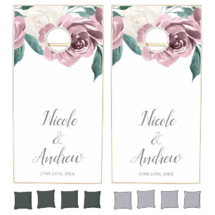 Mauve Watercolor Roses Floral Wedding Personalized Cornhole Set