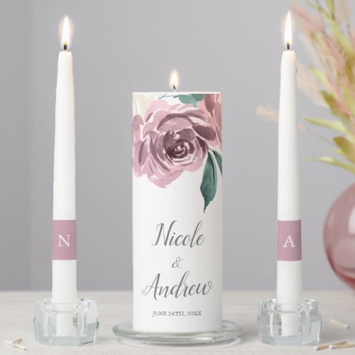 Mauve Watercolor Roses Floral Wedding Unity Candle Set