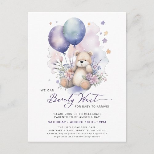 Mauve We Can Bearly Wait Girl Baby Shower Invitation Postcard