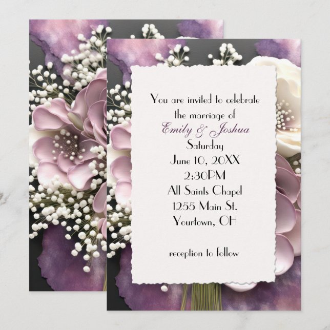 Mauve Wedding Bouquet with Baby's Breath Invitation (Front/Back)