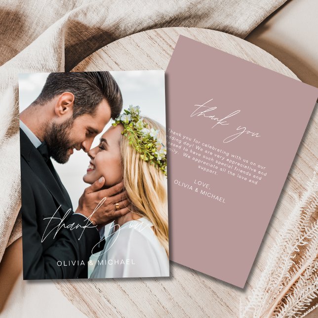 Mauve Wedding Photo Minimalist Thank You Card (Creator Uploaded)