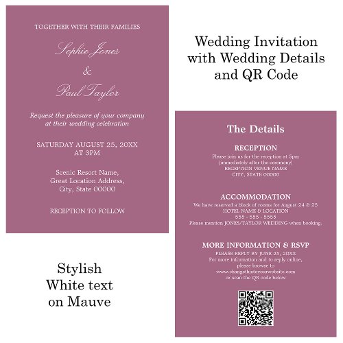 Mauve Wedding QR Code RSVP Invitation