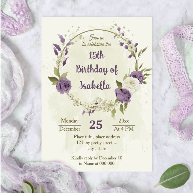 mauve white flowers greenery birthday invitation (Creator Uploaded)