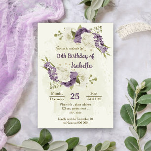 mauve white flowers greenery birthday invitation