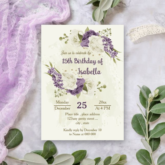 mauve white flowers greenery birthday invitation (Creator Uploaded)