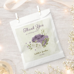 mauve white flowers greenery wedding favor bag