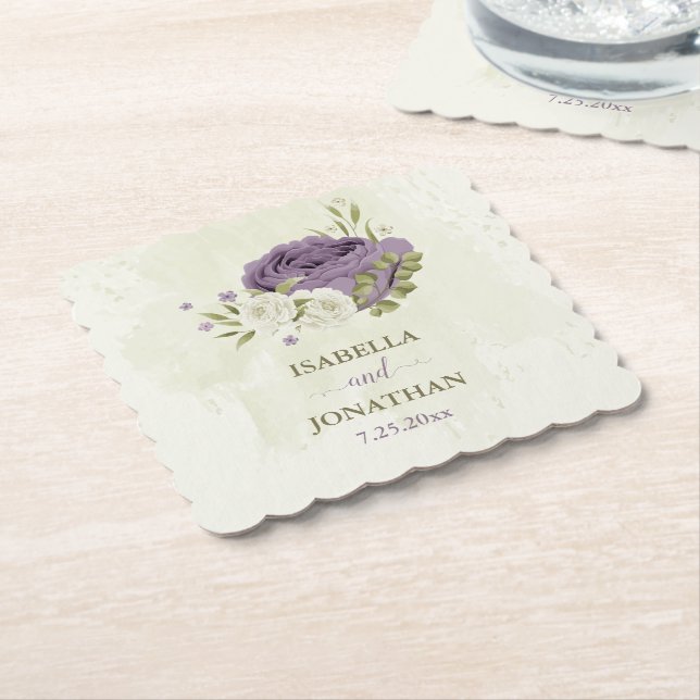 mauve white flowers greenery wedding paper coaster (Angled)