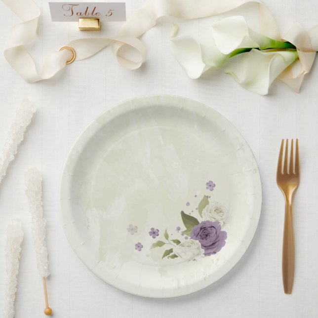 mauve white flowers greenery wedding paper plates (Wedding)