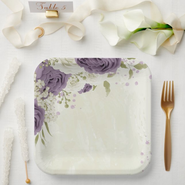 mauve white flowers greenery wedding paper plates (Wedding)