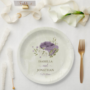 mauve white flowers greenery wedding paper plates