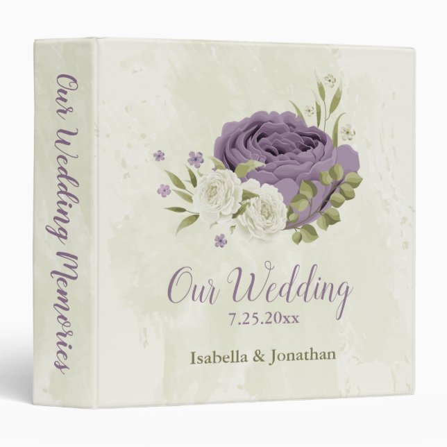mauve white flowers greenery wedding photo album 3 ring binder (Front/Spine)