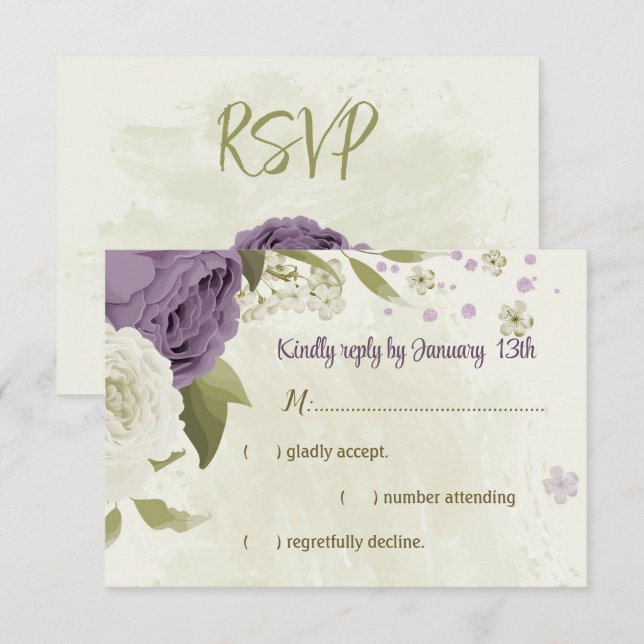 mauve white flowers greenery wedding RSVP card (Front/Back)