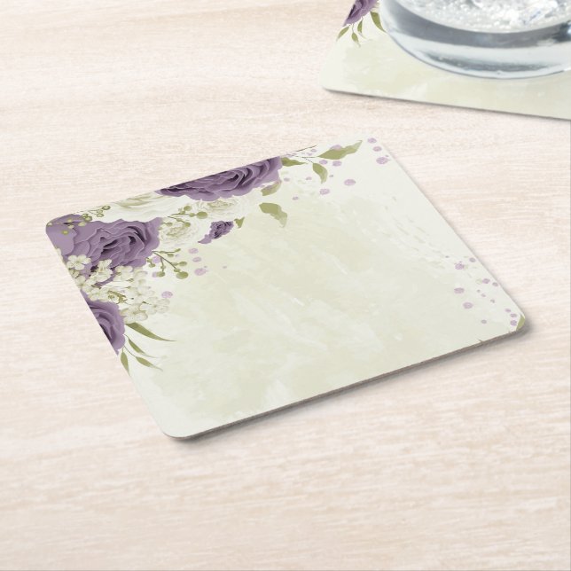 mauve white flowers greenery wedding square paper coaster (Angled)