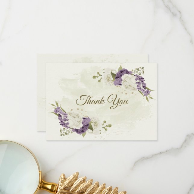 mauve white flowers greenery wedding thank you card (Front/Back In Situ)