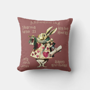Mauve White Rabbit Happy Birthday Decree Throw Pillow