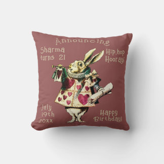 Mauve White Rabbit Happy Birthday Decree Throw Pillow
