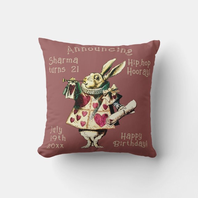 Mauve White Rabbit Happy Birthday Decree Throw Pillow (Front)