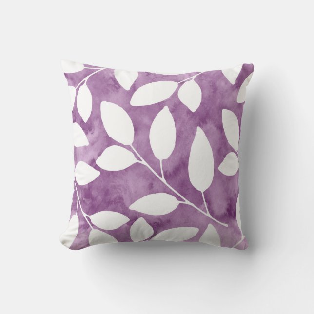 Mauve, White Watercolor Abstract Leaves Throw Pillow (Front)