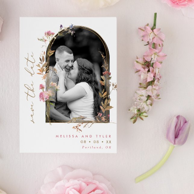 Mauve Wildflowers Arch Frame Photo Save The Date (Creator Uploaded)