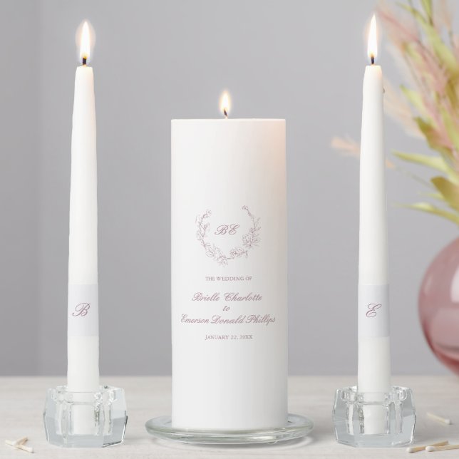 Mauve Wreath Monogram Elegant Wedding Unity Candle Set (In Situ)