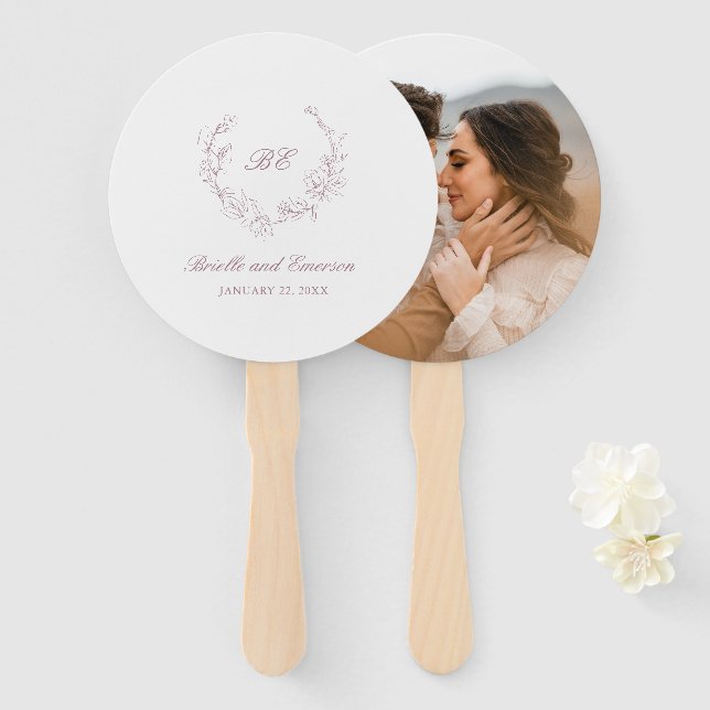Mauve Wreath Monogram Photo Elegant Wedding Hand Fan (Front and Back)