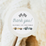MAVERICK Vintage Retro Race Car Birthday Thank You Classic Round Sticker<br><div class="desc">This favor thank you sticker features vintage yellow and mint race cars with a fun vintage themed font combination. Easily edit *most* wording to meet the needs of your event. This favor sticker is the perfect addition to your pit crew racing theme birthday event.</div>