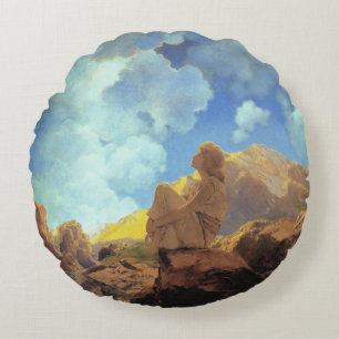 Maxfield Parrish Morning 1922 Cloud Blue Fine Art Round Pillow