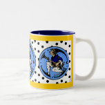 Maxfield Parrish-y Hanukkah Elf v2 Two-Tone Coffee Mug<br><div class="desc">Cheerful holiday mug featuring Jewbilee's original variation of a pre-WWI Maxfield Parrish elf w/ white & black polka dot leggings a menorah on his shoe greeting "Happy Hanukkah" on periwinkle medallion, polka dot background & sunny yellow borders.</div>