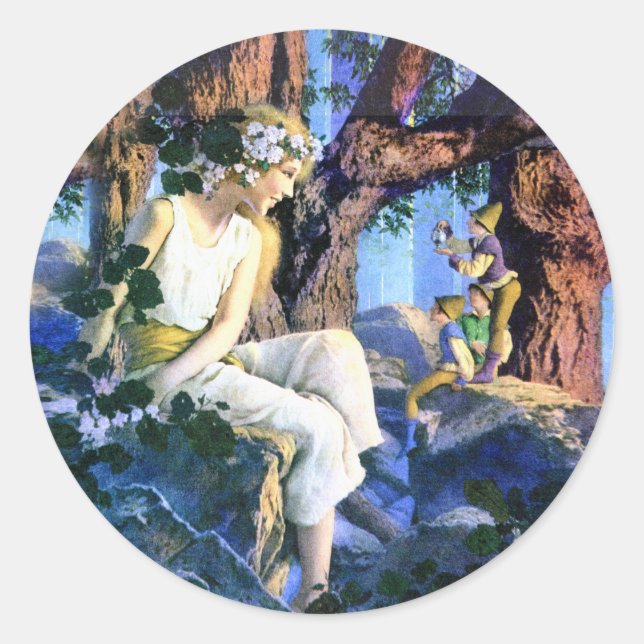 Maxfield Parrish's Fair Princess and the Gnomes Classic Round Sticker (Front)