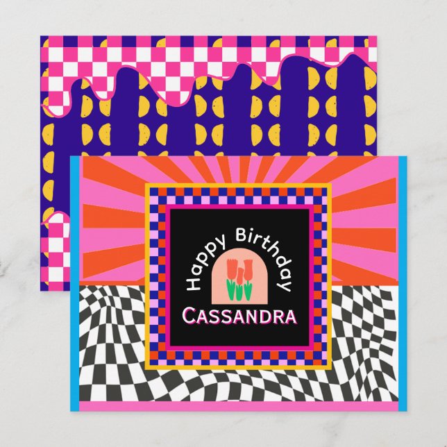 Maximalism Birthday Colorful Checkered Floral  Postcard (Front/Back)