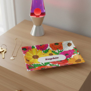 Maximalism Retro 70s Floral Pattern Personalized Trinket Tray