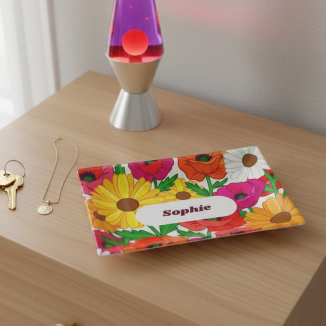 Maximalism Retro 70s Floral Pattern Personalized Trinket Tray (Bright Flower Power for a 
Groovy 70s Inspired Mother's Day gift by Darling & May
)